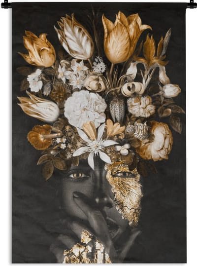 Wandkleed - Wanddoek - Vrouw - Bloemen - Goud - 90x135 cm - Wandtapijt