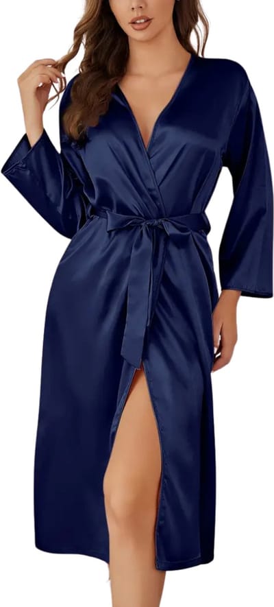 Bovista Satijnen Badjas Dames - Kimono - Kamerjas - Satijn - Ochtendjas - Pyjama - Marineblauw - Maat XL