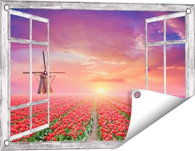 Gards Tuinposter Doorkijk Rode Rozen Bloemenveld met een Windmolen - 60x40 cm - Tuindoek - Tuindecoratie - Wanddecoratie buiten - Tuinschilderij