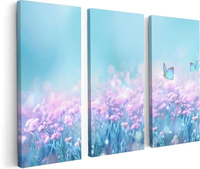 Artaza Canvas Schilderij Drieluik Twee Blauwe Vlinders Bij Roze Bloemen - 120x80 - Foto Op Canvas - Canvas Print
