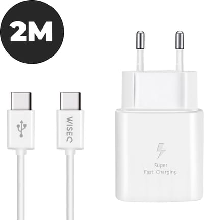 USB C snellader geschikt voor Samsung Galaxy en iPhone 17 / 16 / 15 - inclusief USB naar USB C oplaadkabel 2 meter - 25W USB C fast charger met kabel - wit - WiseQ
