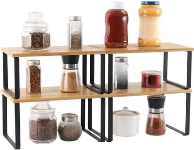 Famanu - Bamboe Keukenplank Organizer Set 4-pack, uitbreidbare en stapelbare kast organizer voor keuken, badkamer en wasruimte, ruimtebesparend