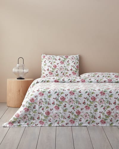 English Home - Sparkling Flowers Dekbedovertrekset - 100% katoen - Incl. Hoeslaken 100x200 - Eenpersoons 160 x 220 cm - Kussensloop- Roze -Groen kleur