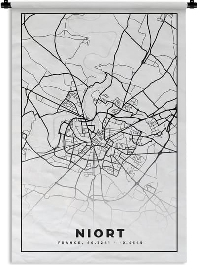 Wandkleed - Wanddoek - Niort - Stadskaart - Plattegrond - Kaart - Frankrijk - Zwart wit - 120x180 cm - Wandtapijt