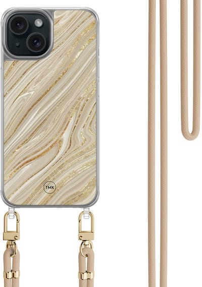 Casevibes - Telefoonhoesje met koord - Geschikt voor Apple iPhone 15 - Golden marble - Goud - Marmer