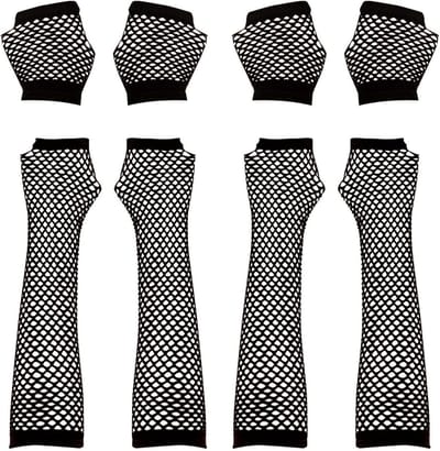 Net Handschoenen Set van 4 - Lange en Korte Rekbare Zwarte Net Handschoenen voor 80s Kostuum en Feestaccessoires