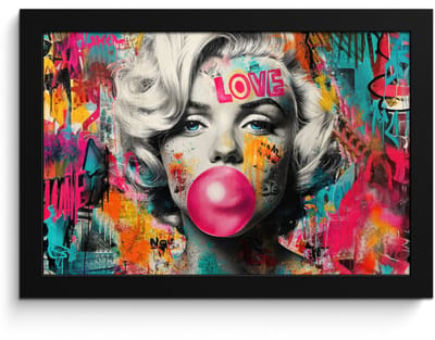 Poster in lijst - Fotolijst 30x20 cm - Posters - Vrouw - Kauwgom - Graffiti - Neonkleuren - Posterlijst zwart - Decoratie - Wanddecoratie woonkamer - Muurdecoratie slaapkamer