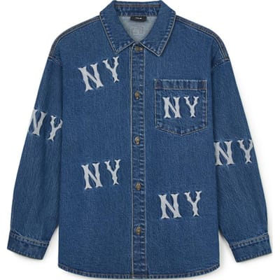 Veste en jean décontractée confortable douce à manches longues brodée MLB New York Yankees Unisexes Indigo 3ADRG0344-50INS S gray