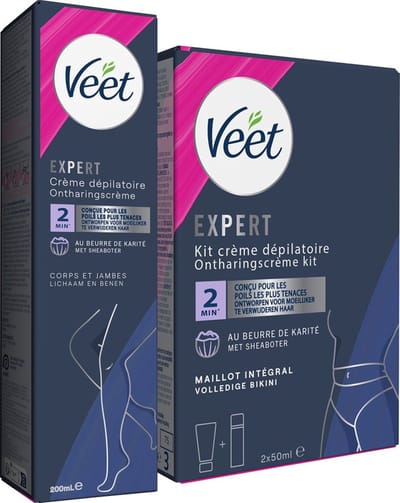 Veet - Expert - Alle huidtypes - Ontharingscreme met sheaboter Bikini Kit 100ml (2 x 50ml) - Ontharingscreme Benen 200ml