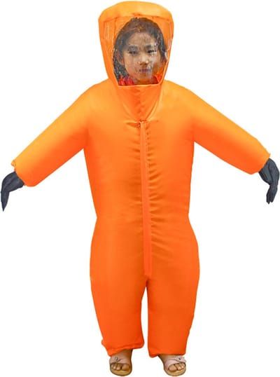 KIMU® Opblaas Kostuum Kinderen Quarantaine Oranje - Maat 122 128 134 140 146 152 - Opblaasbaar Pak - Quarantainepak Opblaaspak - Opblaasbare Virus Festival