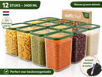 Soft Chef Viola 12-delige rechthoekige voedselbewaarset – 12×3400 ml – BPA-vrij – stapelbaar – aromabeschermend – met groene deksels – inclusief labels & marker
