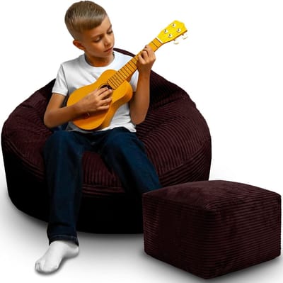 DreamRoots Zitzak voor Volwassenen & Kinderen – Corduroy Bean Bag Stoel met Voetsteun & Hoes – Inclusief Vulling – 70x70x70 cm – Dark Chocolate