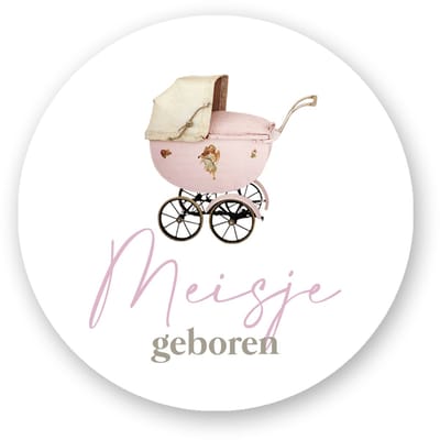 Sluitstickers Meisje Geboren – Vintage Kinderwagen – 25 stuks – 4 cm – Geboortestickers voor traktatie of envelop- sluitstickers Pimp Studio