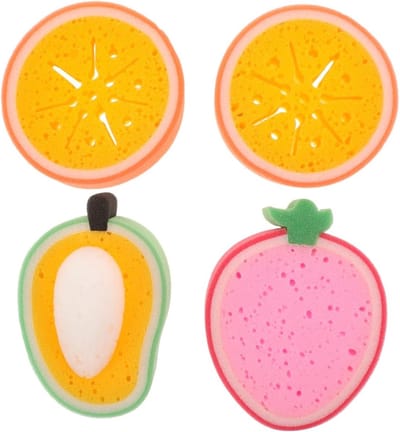 4-delige dikke cartoon-fruitreinigingssponzen, multifunctionele duurzame spoelsponzen voor servies, huishouden en vetverwijdering