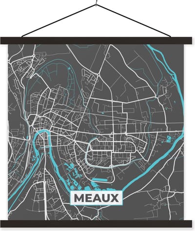 Posterhanger incl. Poster 60x60 cm - Schoolplaat - Frankrijk – Plattegrond – Kaart – Meaux – Stadskaart - Textielposter - Zwarte latten - Stadskaart