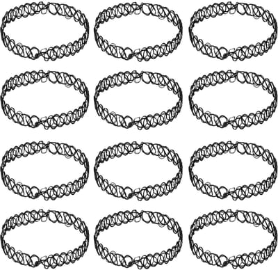 Allecto - Elastische halsketting - Tattoo-halsketting - Modieus en comfortabel - Zwart - Geschikt voor vrouwen en meisjes - 12 stuks