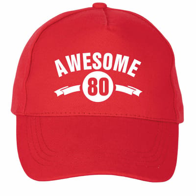 Mijncadeautje - 5 panel - Cap - Verstelbaar - Pet van 100% dik geborsteld katoen- unisex - opdruk wit - Awesome 80 jaar - rood