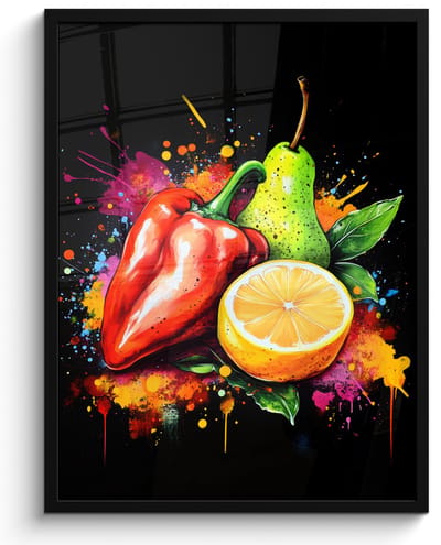 Poster in lijst - Fotolijst 50x70 cm - Posters - Paprika - Peer - Citroen - Graffiti - Verf - Abstract - Posterlijst zwart - Decoratie - Wanddecoratie woonkamer - Muurdecoratie slaapkamer