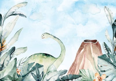 Fotobehang - Dinosaurus - Vulkaan - Bladeren - Lucht - Groen - Pastel - Vliesbehang- 254x184cm (lxb)
