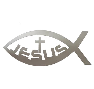 Ichtus vis met kruis jezus sticker - 14x6cm - Zilver - topkwaliteit avery autoreclame folie