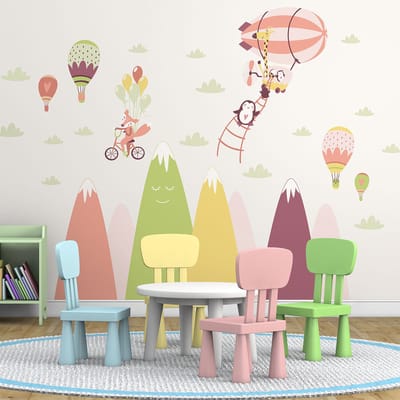 Scandinavische bergstickers met gekke dieren in de lucht, 50 x 75 cm
