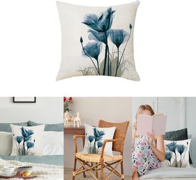 Famanu - 2 stuks Kussenslopen, vintage blauwe inkt bloem linnen sierkussenslopen decoratieve slaapkamer kussenslopen voor bank woonkamer (4 bloemen)