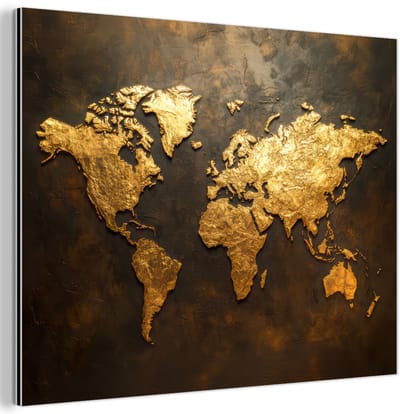 Aluminium schilderij 160x120 cm - Wanddecoratie metaal - Wereldkaart - Goud - Roest - Metalen muurdecoratie woonkamer - Decoratie industrieel - Foto op dibond - Industriële accessoires slaapkamer