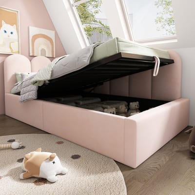 REDOM daybed 90x200 cm – Fluweel roze – Hydraulische opbergruimte, L-vormig, rasterontwerp – 136 kg