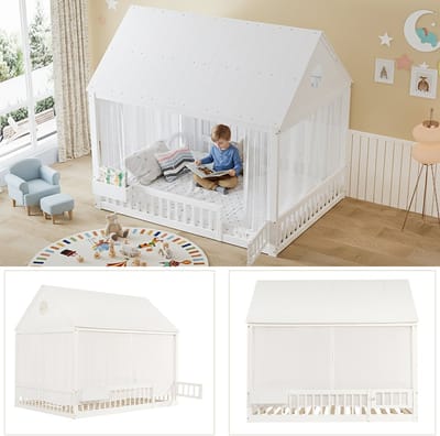 Huisbed Kinderbed 140x200 cm - Wit Eenpersoonsbed Met Dak En Gordijnen - Houten Bed Met Opbergruimte Voor Kinderkamer