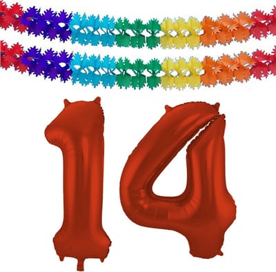 Folat Verjaardag Leeftijd folieballon - 14 jaar - rood - 86 cm - cijferballon groot - incl 2x feestslingers