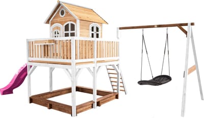 AXI Liam Speelhuis in Bruin/Wit - Met Verdieping, Zandbak, Roxy Nestschommel en Paarse Glijbaan - Speelhuisje voor de tuin / buiten - FSC hout - Speeltoestel voor kinderen