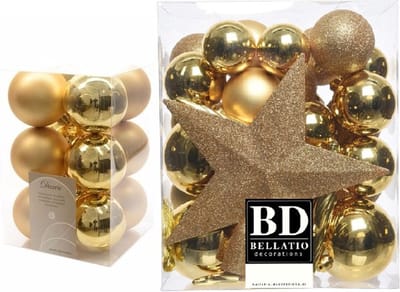 Kerstversiering kunststof kerstballen goud 5-6-8 cm pakket van 45x stuks - Met kunststof ster piek van 19 cm