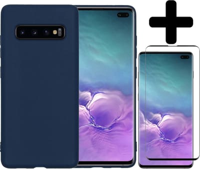 Hoesje - Met Screenprotector - Geschikt voor Samsung Galaxy S10 - Sterk & Shockproof - Back Cover - Siliconen Case - Telefoon Hoes - Telefoonhoesjes - Donkerblauw