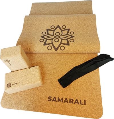 Duurzaam Yoga Starter Kit | Eco-Vriendelijke Yoga Set | Kurk Yogamat, Katoenen Draagriem, 2 Kurken Yoga Blokken