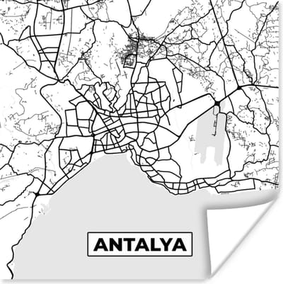 Poster Antalya - Stadskaart - Plattegrond - Zwart Wit - Kaart - 100x100 cm XXL