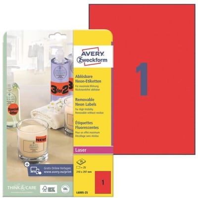 Laseretiket Avery 210x297mm 25 vel 1 etiket per vel neonrood