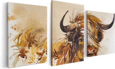Artaza Canvas Schilderij Drieluik Schotse Hooglander Koe - Abstract - 120x60 - Foto Op Canvas - Canvas Print