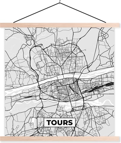 Posterhanger incl. Poster 40x40 cm - Schoolplaat - Plattegrond - Kaart - Stadskaart - Frankrijk - Tours - Textielposter - Blanke latten - Stadskaart