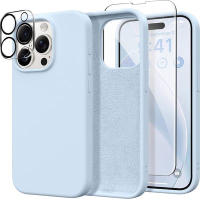 Stravo Siliconen Hoesje geschikt voor iPhone 15 Pro , Lichtblauw, Met 1X Screenprotector + 1X Cameralensbeschermer, [Zachte Krasbestendige Microvezelvoering], Vloeibare Siliconen Schokbestendige Beschermende Telefoonhoes 6.1"