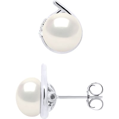 Oorbellen Omgeving Diamanten 0,03 Cts Wit Goud - Echte Cultuur Zoetwater Parelknoppen 7-8 mm
