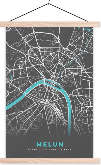 Posterhanger incl. Poster 40x60 cm - Schoolplaat - Melun - Frankrijk - Plattegrond - Stadskaart - Kaart - Textielposter - Blanke latten - Stadskaart