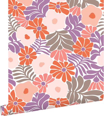 ESTAhome behang bloemen in Matisse stijl paars en oranje - 53 cm x 10.05 m - 131007