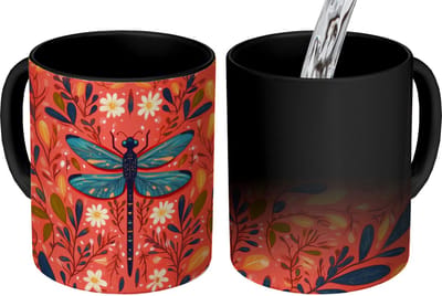 Magische Mok - Foto op Warmte Mokken - Koffiemok - Libel - Blauw - Vleugels - Bladeren - Magic Mok - Beker - 350 ML - Theemok