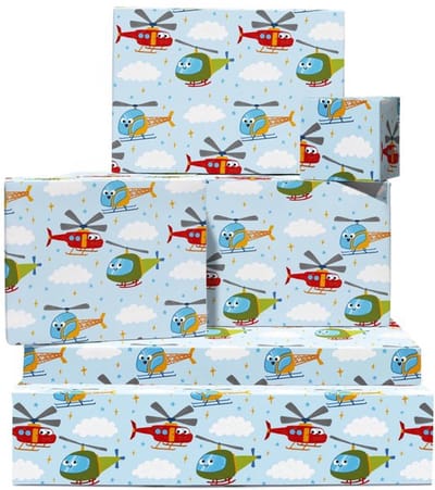 Jongens Verjaardag Inpakpapier - 6 Vellen met Helikopters en Stickers