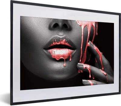 Fotolijst incl. Poster - Lippen - Rood - Zwart - 40x30 cm - Posterlijst