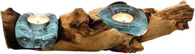 Teelichthouder – Waxinelichthouder – Glas op wortelhout – Hout Kaarsenhouder – Houder Voor 2 theelicht