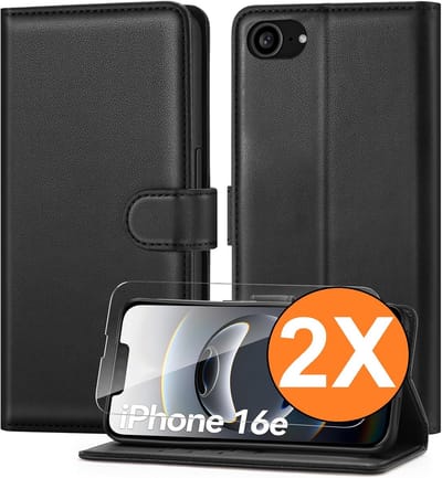 Hoesje Geschikt voor iPhone 16e / iPhone 17e hoesje bookcase Zwart met screenprotectors 2 stuks