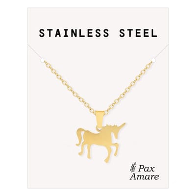 Cadeau Ketting met Eenhoorn - Roestvrij Staal - Goudkleurig - Cadeau Sieraad op Kaartje - Pax Amare