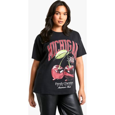 boohoo Dames PLUS MICHIGAN CHERRY OVERSIZED T-SHIRT | Zwart | Maat: 54