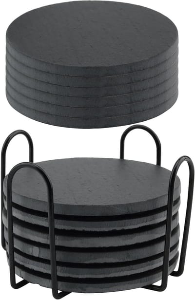 Set van 12 ronde zwarte leisteen coasters met houder, anti-kras pads voor drankjes, ideaal voor thuis, bar en keuken